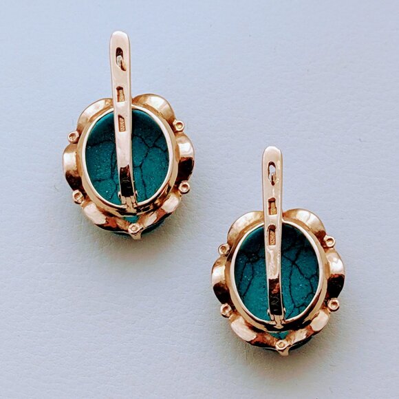 LARGE Russian Russia 14K Rose Pink Gold Turquoise Cabochon Pierced Earrings - Picture 10 of 15